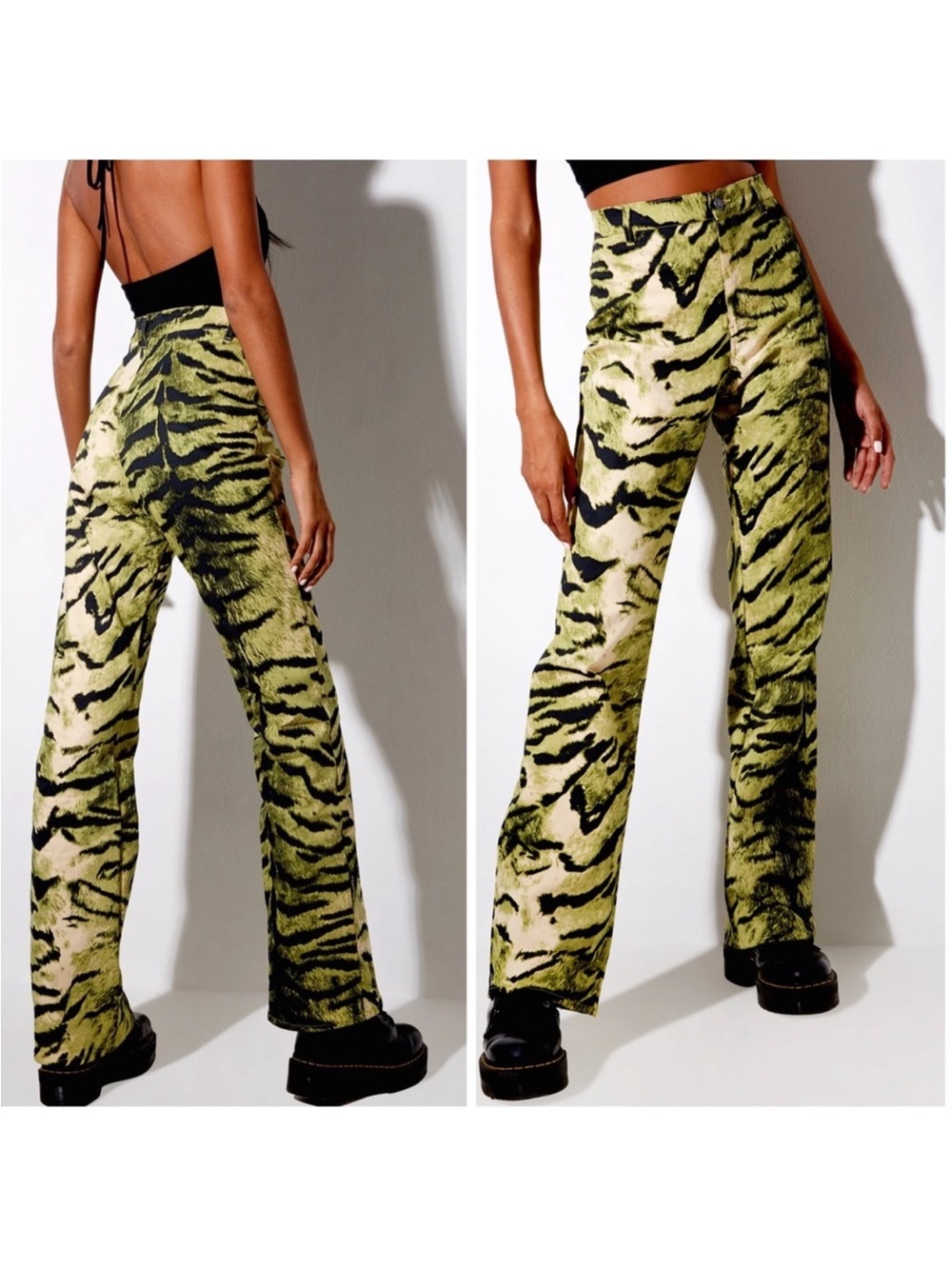 Motel Rocks Womens Zoven Flare Trouser Pant Tiger Full Khaki Placement Sz S
